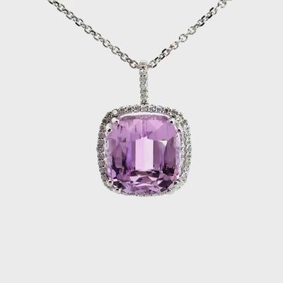 14K White Gold Halo Necklace with Kunzite and Diamonds