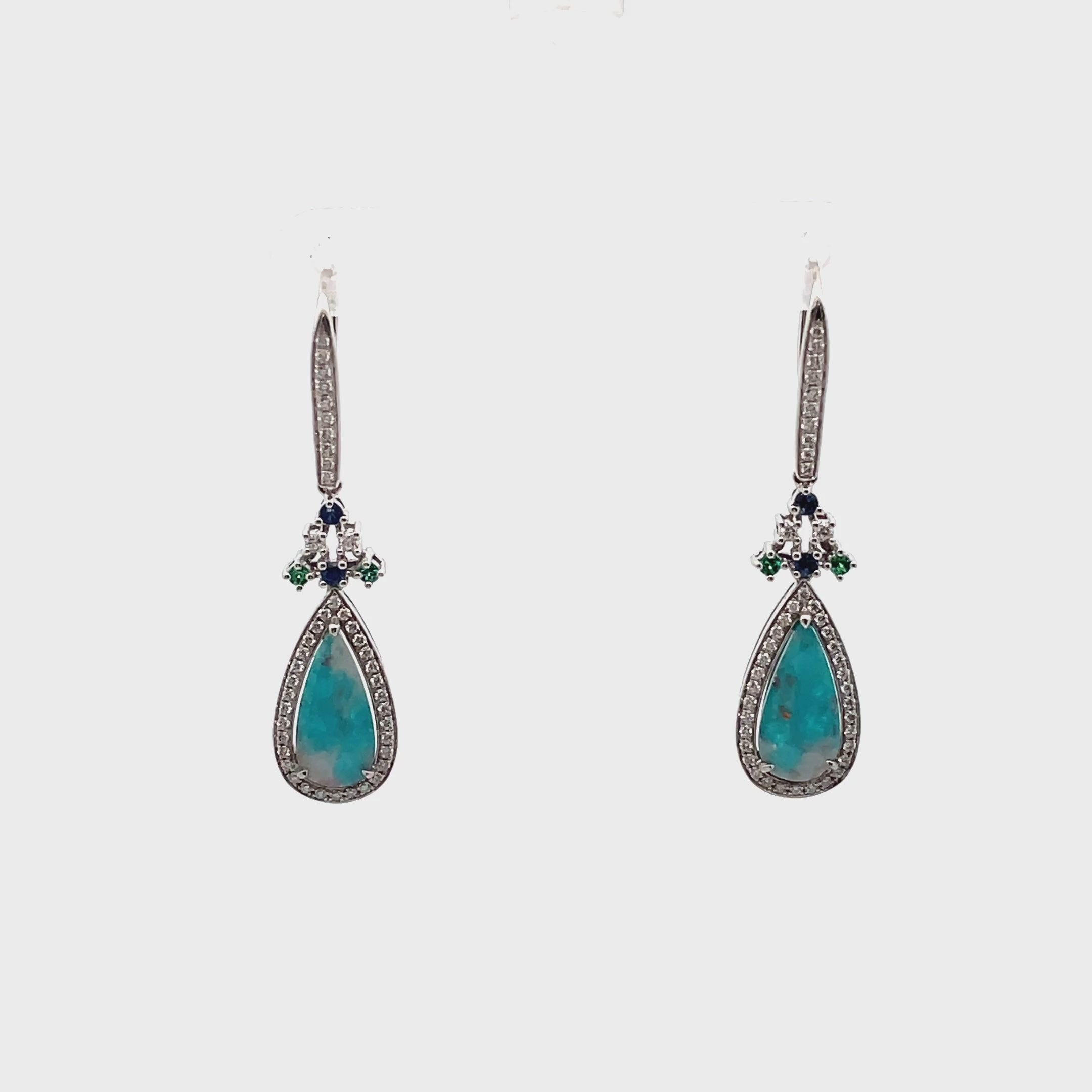 Load video: Simon G. LP4373 18K White Gold Dangle Sliced Paraiba &amp; Diamond Earrings