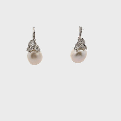 14K White Gold Pearl and Diamond Drop Earrings