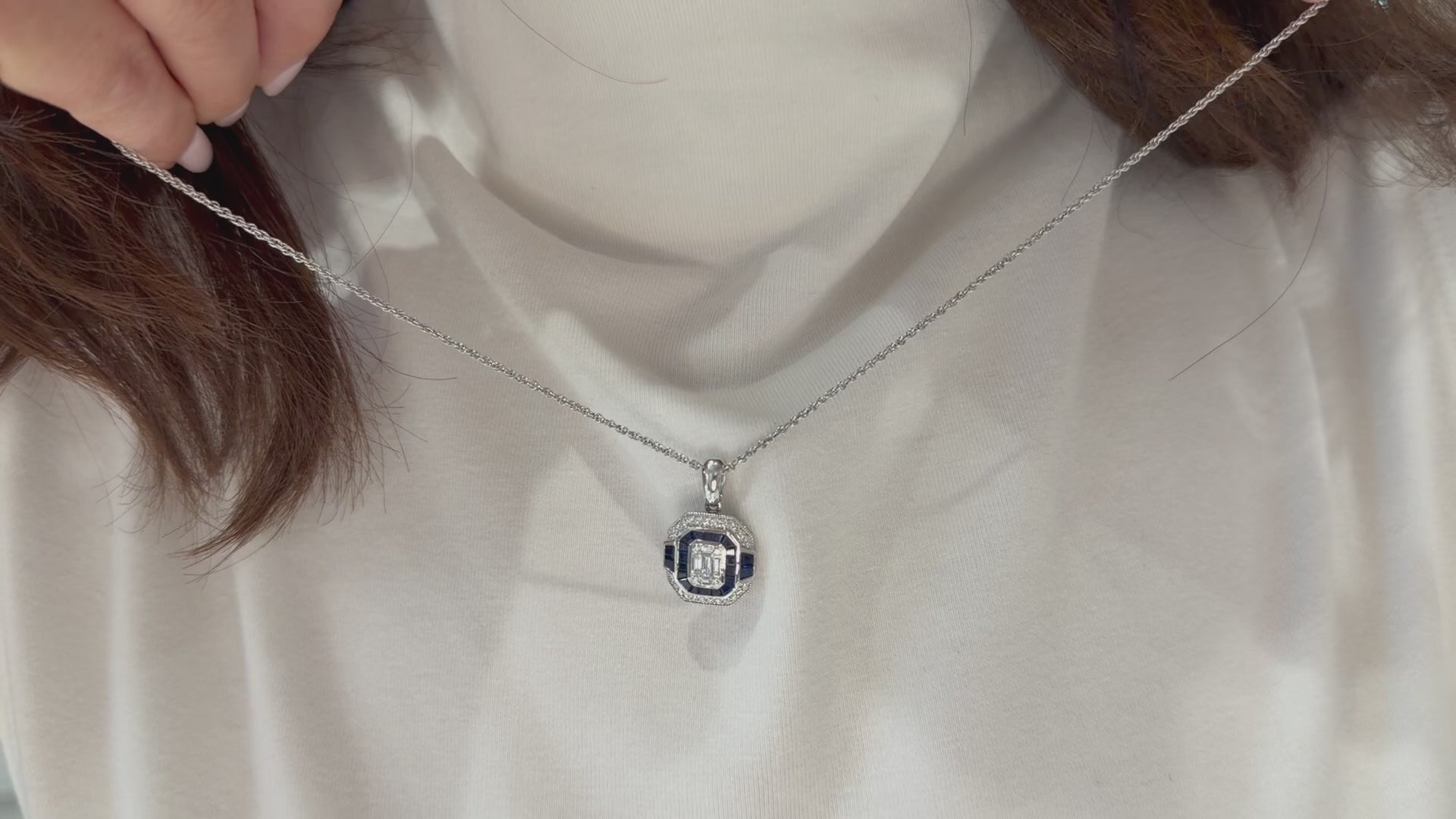 Load video: Allison Kaufman 14K White Gold 1.00 Carat Sapphire &amp; 0.33 Carat Diamond Pendant Necklace