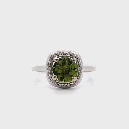 Round Peridot and Diamond Halo Ring in Minimalist 14K White Gold Setting
