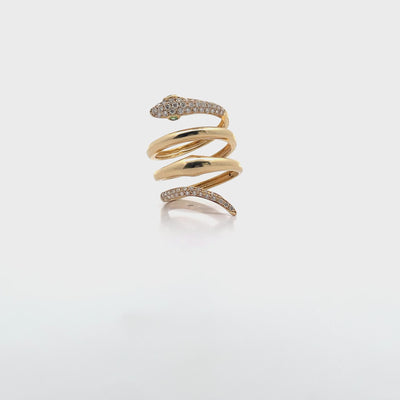 18K Yellow Gold Snake Wrap Ring with Diamonds & Emeralds