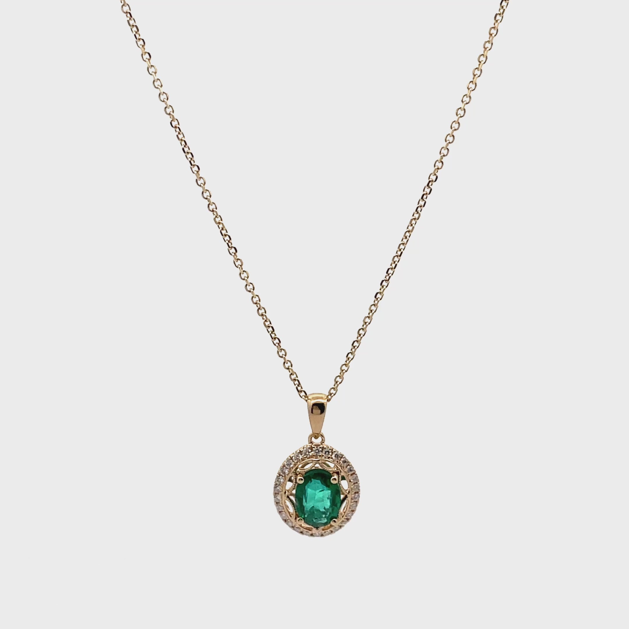 14K Yellow Gold Emerald & Diamond Fancy Pendant Necklace