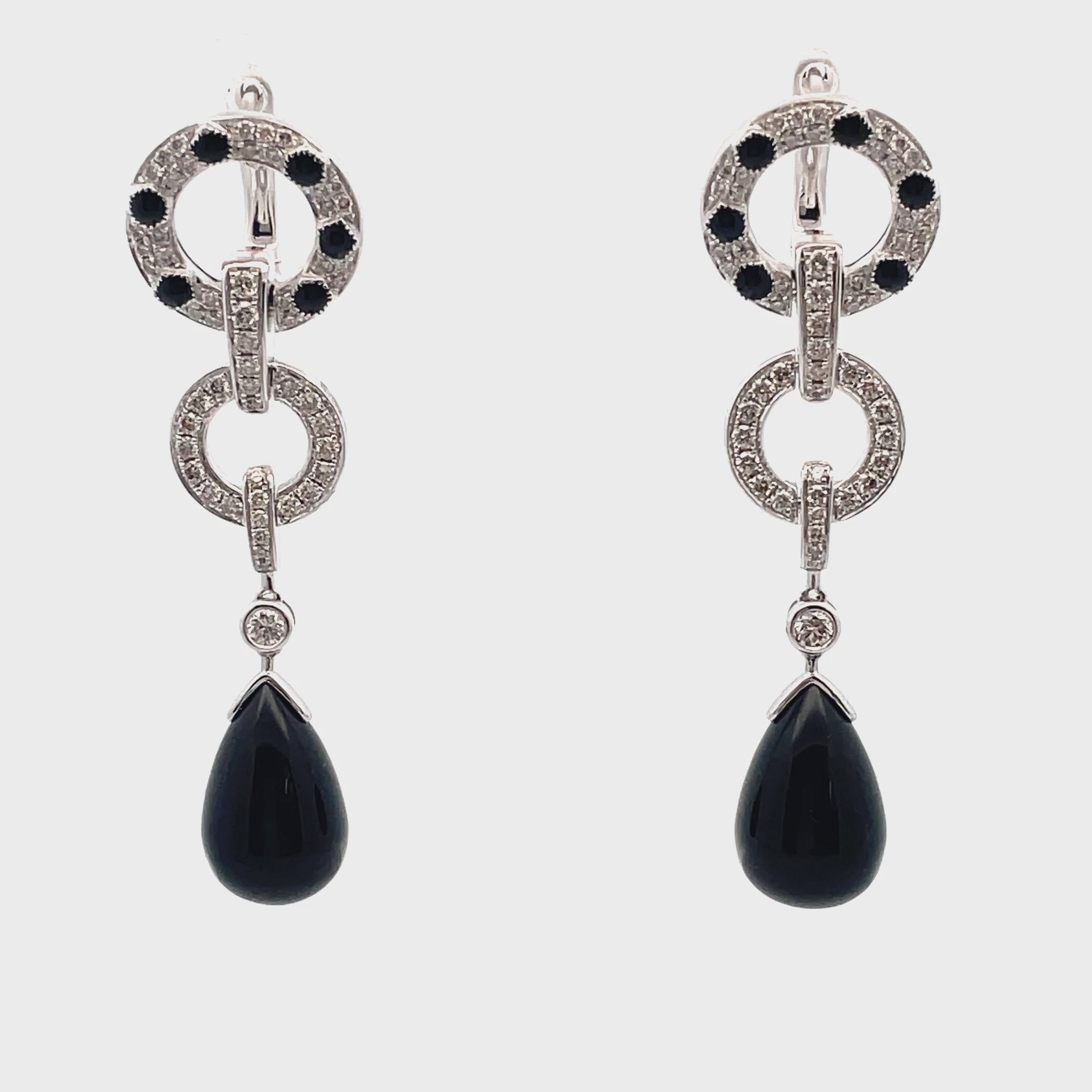 18K white gold drop earrings with European closure, onyx, an...