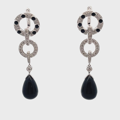 18K White Gold Onyx & Diamond Drop Earrings