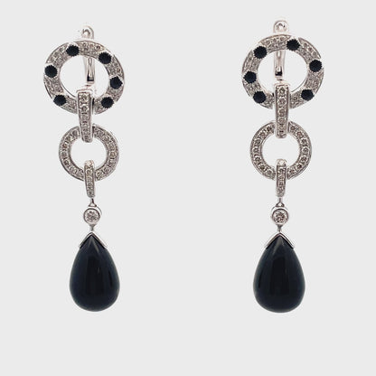 18K white gold drop earrings with European closure, onyx, an...