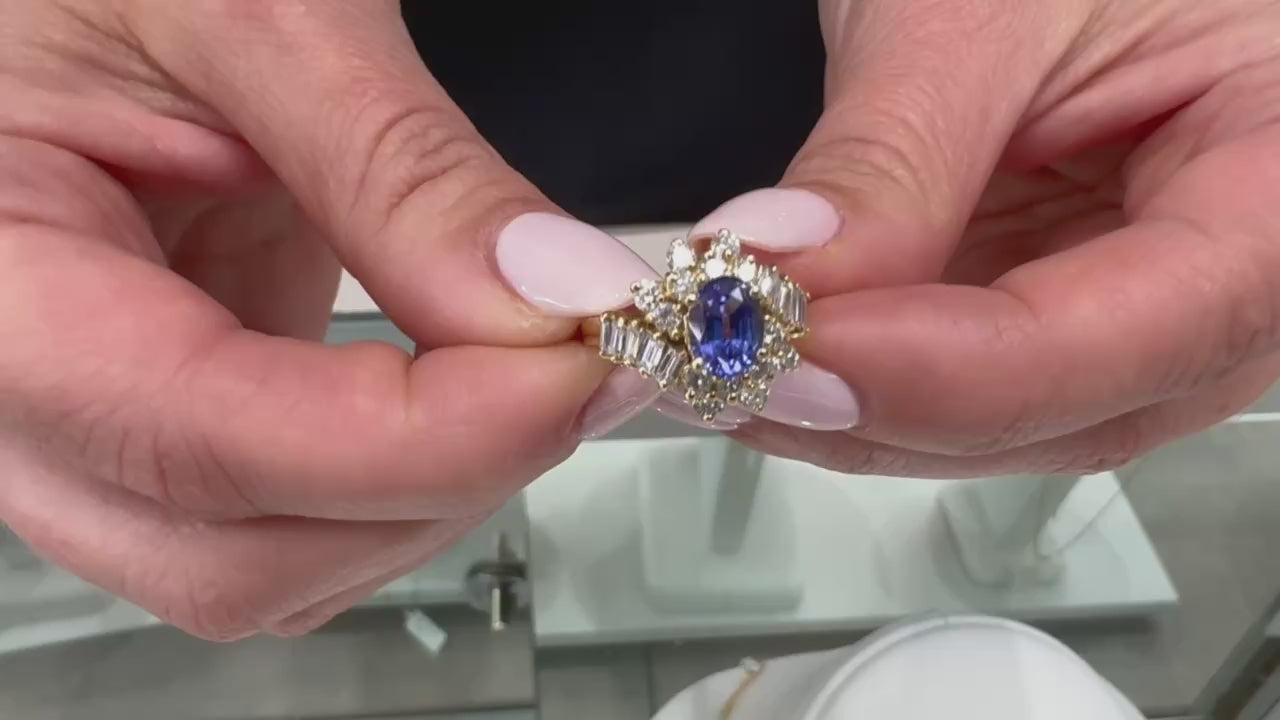 Vintage Oval Tanzanite Ring with Round and Baguette Diamonds Set in 14k Gold