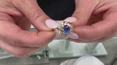 Vintage Oval Tanzanite Ring with Round and Baguette Diamonds Set in 14k Gold