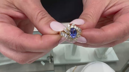 Vintage Oval Tanzanite Ring with Round and Baguette Diamonds Set in 14k Gold