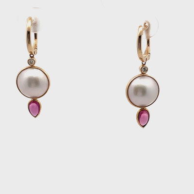 Olivia B. 14K Yellow Gold Mabe Pearl Dangle Earrings with Rhodolite Briolettes