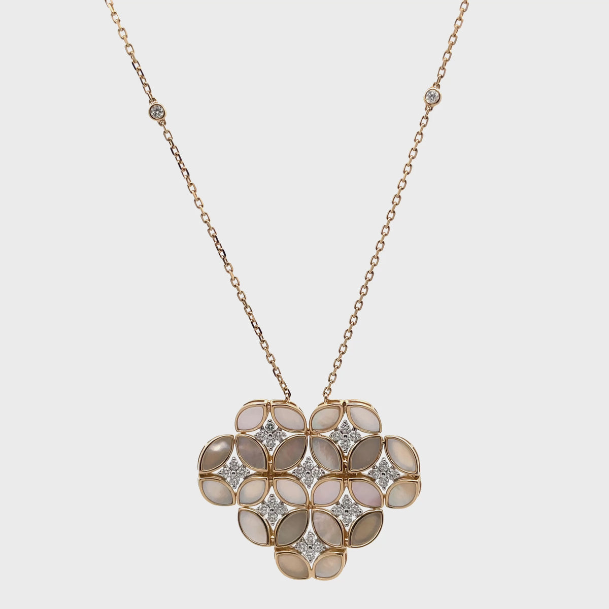 14K Yellow Gold Necklace, Mother of Pearl Totaling 5.71 carats, Diamonds Totaling 0.82 carats, Adjustable Length