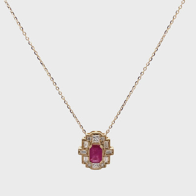 14K Yellow Gold Necklace with Oval Ruby 0.73 Carats, Diamonds Totaling 0.38 Carats, Adjustable Length