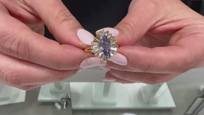 Vintage 1.04 Carat Marquise Tanzanite Ring with 1.34 Carat Baguette Diamonds Set in 18K Yellow Gold
