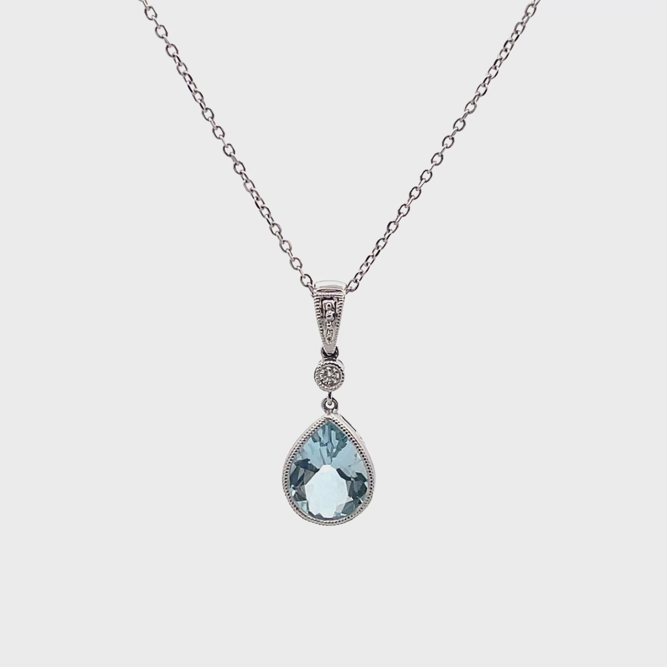 14K White Gold Pear Shaped Aquamarine & Diamond Pendant