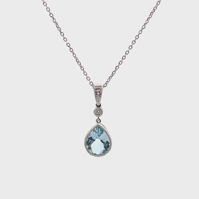 14K White Gold Pear Shaped Aquamarine & Diamond Pendant