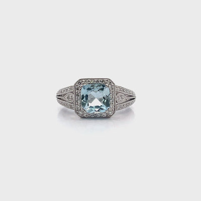 Platinum Vintage Inspired 1.30 Carat Blue Topaz Ring and 0.40 Carat Diamonds