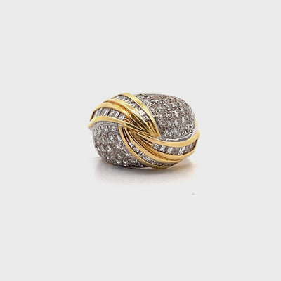 Vintage 2.15 Carat Round and Baguette Diamond Swirl Dome Ring in 18K Gold