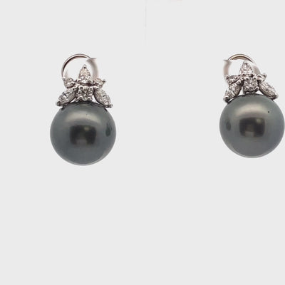 Tahitian South Sea Pearl Earrings with Diamonds in 14K White Gold