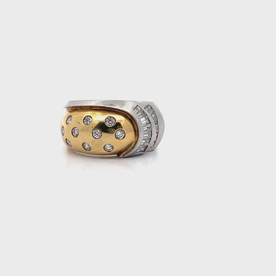 Vintage Platinum and 18k Yellow Gold Two Tone Dome Ring with Round and Baguette Diamonds 0.88 Carats