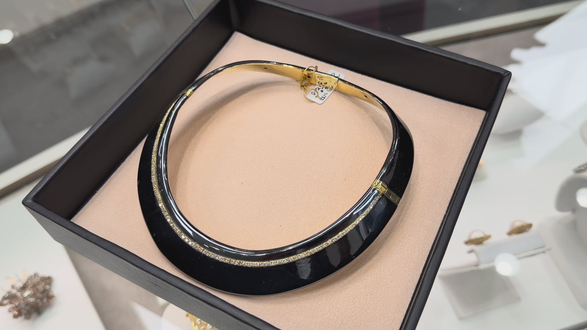 Load video: Pre-owned Vintage 18K Yellow Gold Collar Necklace with Black Enamel and Diamonds