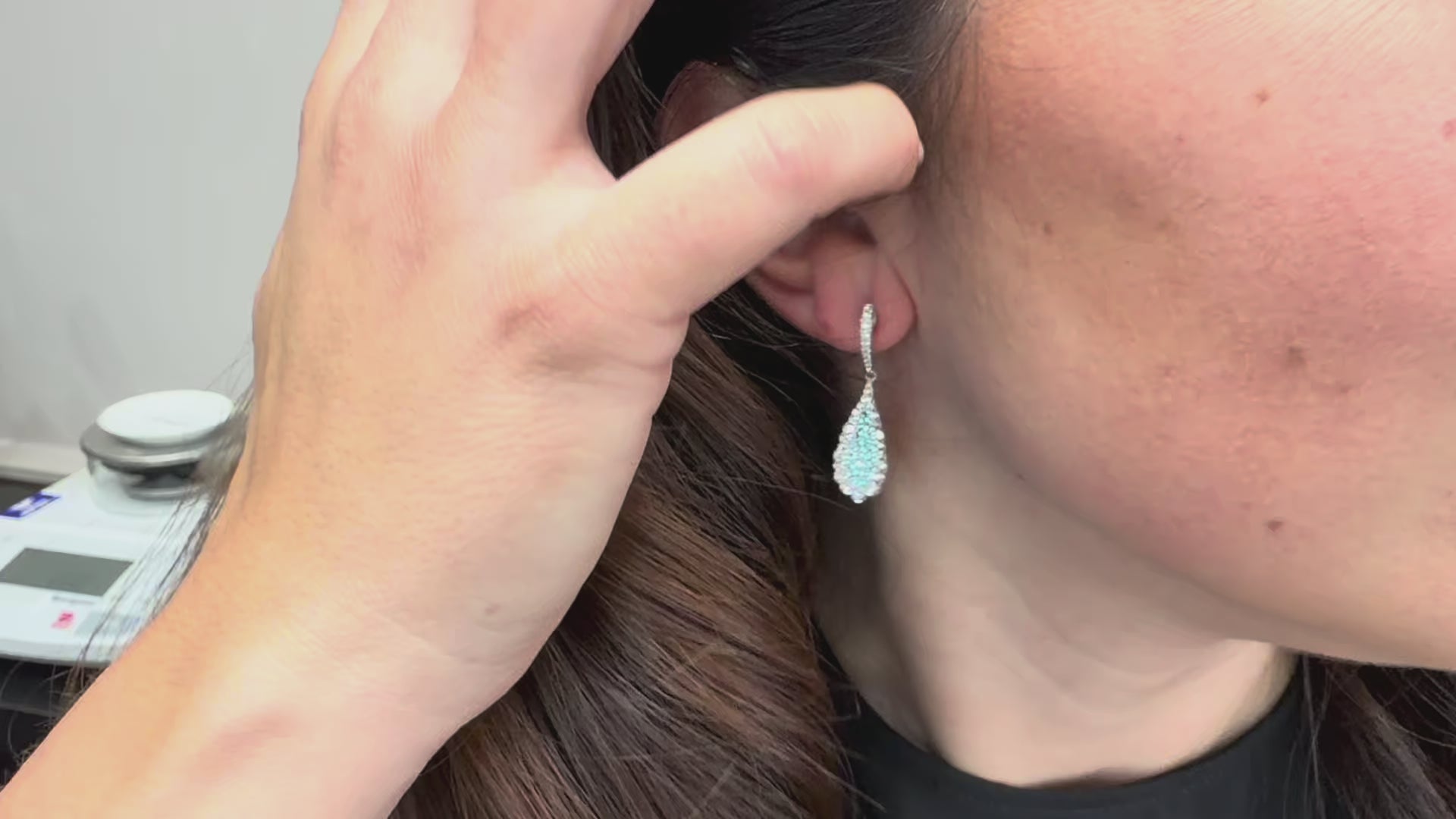 Load video: Simon G. LE4030 18K White Gold Diamond and Paraiba Tourmaline Drop Earrings