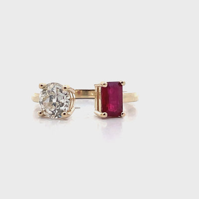 14K Yellow Gold 0.76 Carat Ruby and 1.06 Carat Diamond Prong-Set Bypass Ring