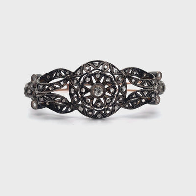 Vintage Hinged Bangle Bracelets, Rose Gold and Silver, Rough Diamonds, Floral Symmetry