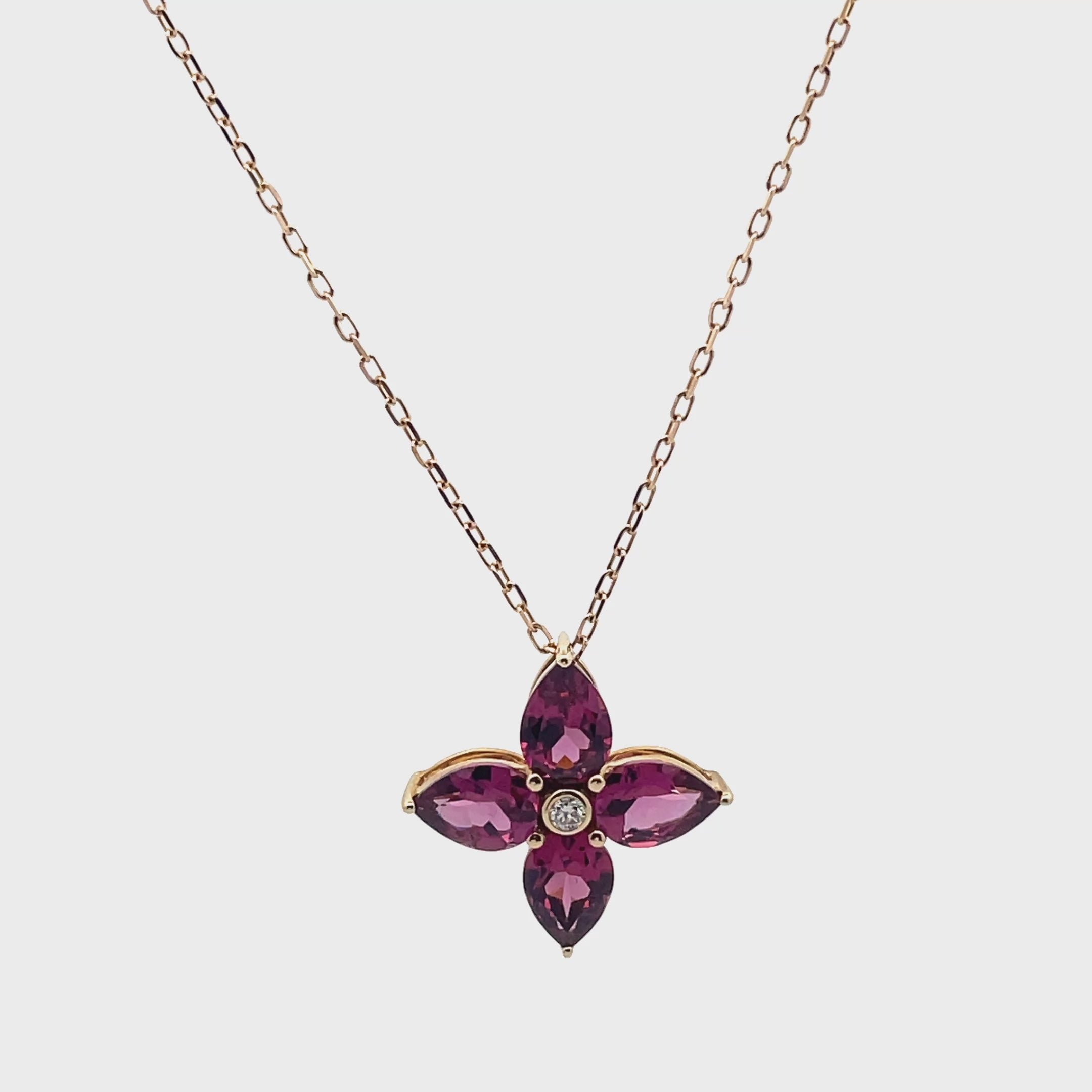 Cargar video: 14K Yellow Gold Pink Tourmaline Flower Pinwheel Necklace