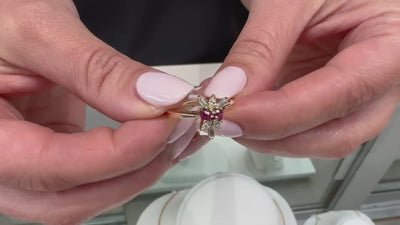 Starburst Pear Shape Ruby Ring in Tapering 14K Yellow Gold Setting with Diamonds