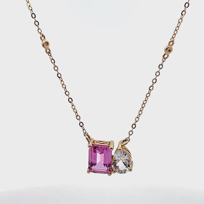 14K Yellow Gold Pink Corrundum and White Topaz Necklace