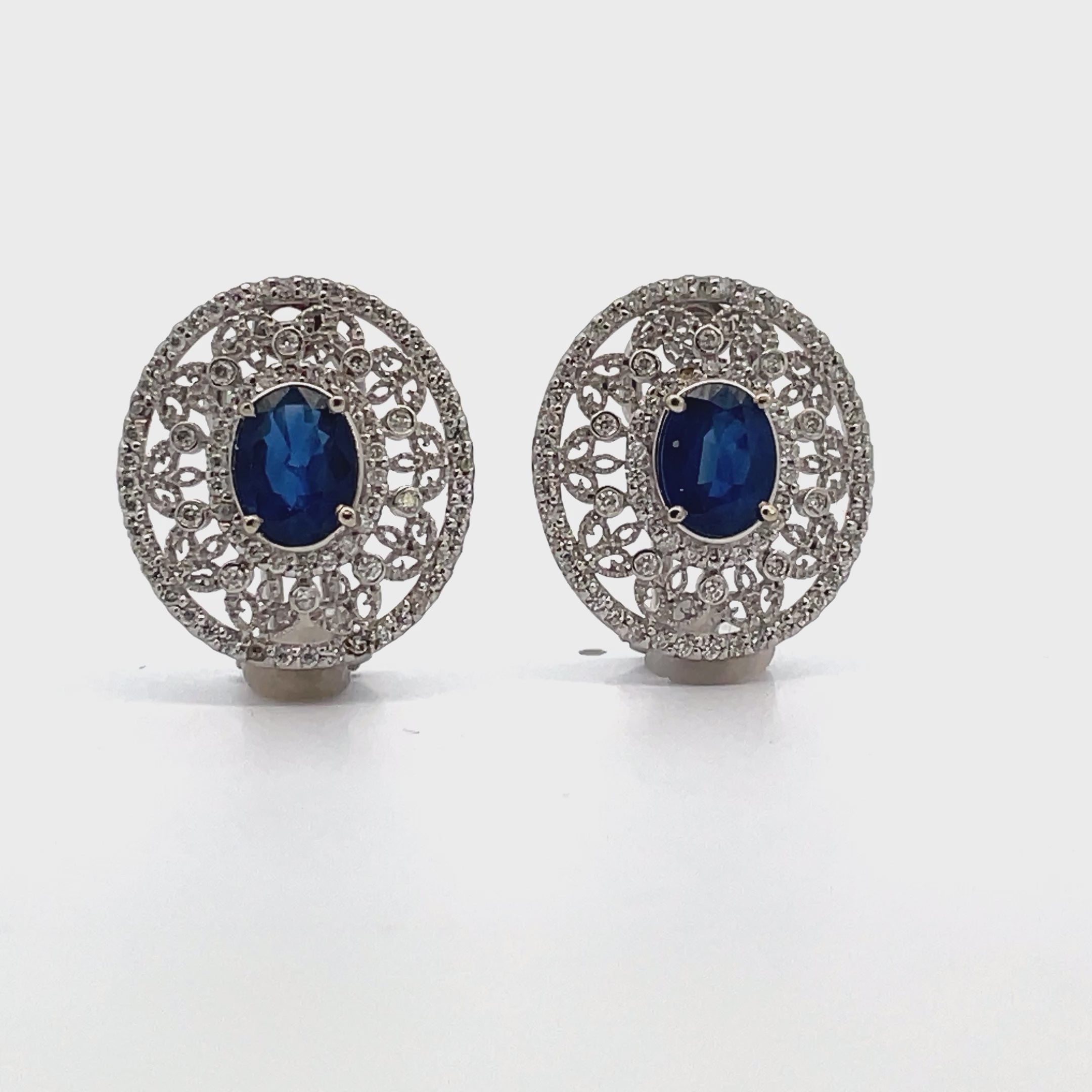 Load video: 14K White Gold Diamond and Sapphire Earrings