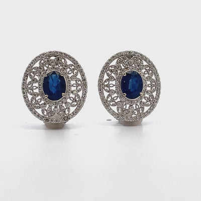 14K White Gold Diamond and Oval Sapphire Earrings