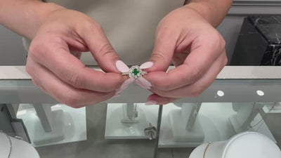 14K Yellow Gold Round Emerald & Diamond Floral Halo Ring