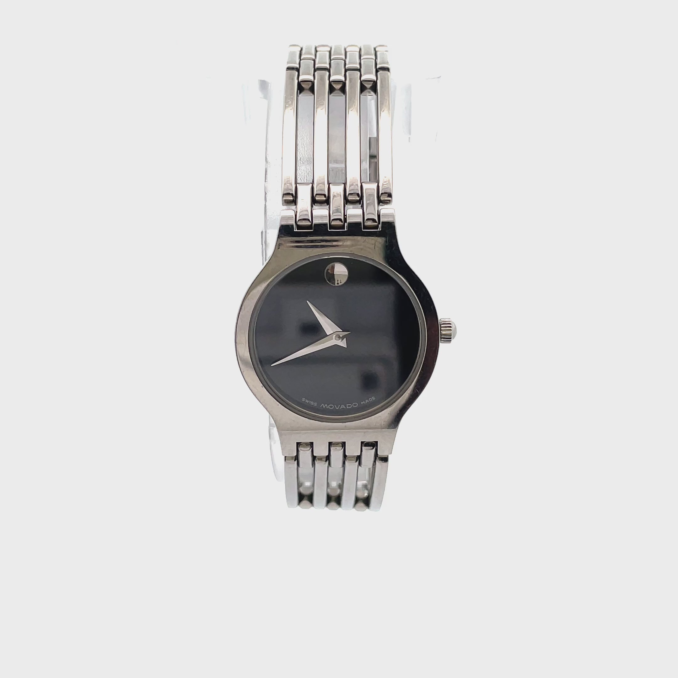 Pre-owned Movado Stainless Steel 20mm Black Dial with Stainless Steel Band