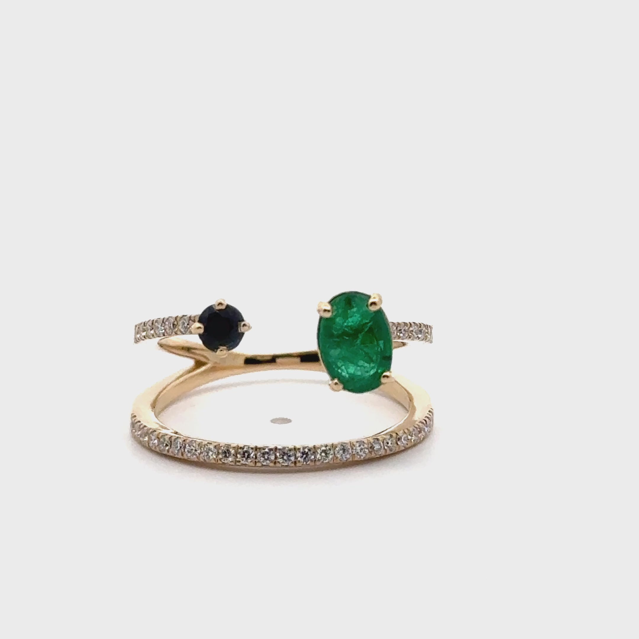 Sapphire & Emerald Asymmetric Bypass Ring in 14K Yellow Gold with Diamonds