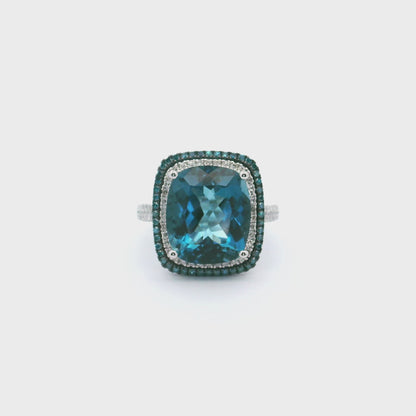 Cushion Cut London Blue Topaz Ring in 14k White Gold with Treated Blue Diamonds