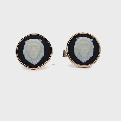 Vintage Black Wedgwood Lion Head Medallion Cufflinks Bezel Set 14K Yellow Gold