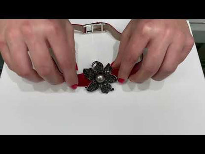 Pre-Owned Ambrosi 18K White Gold Black Diamond Flower Necklace with South Sea Pearl