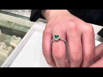 14K White Gold Heart Halo Ring with Heart Shaped Emerald