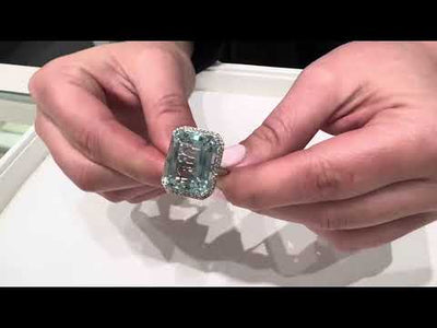 23.94 Carat Aquamarine Ring in 14K White Gold with Round Diamonds Totaling 0.52 Carats