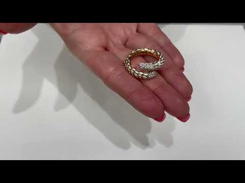 Pre-owned Roberto Coin Animalier 18K Gold Scale Wrap Ring with White Enamel & Diamonds