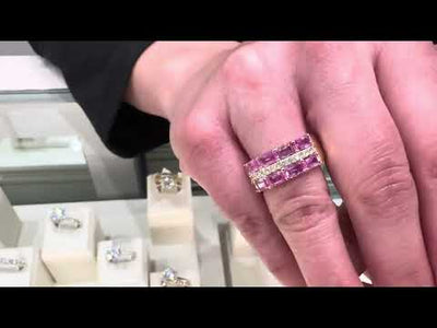 Three Row Emerald Cut Pink Sapphire and Diamond Ring in 14K Yellow Gold Sapphire Ring