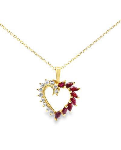 14K Yellow Gold Ruby & Diamond Heart Pendant Necklace