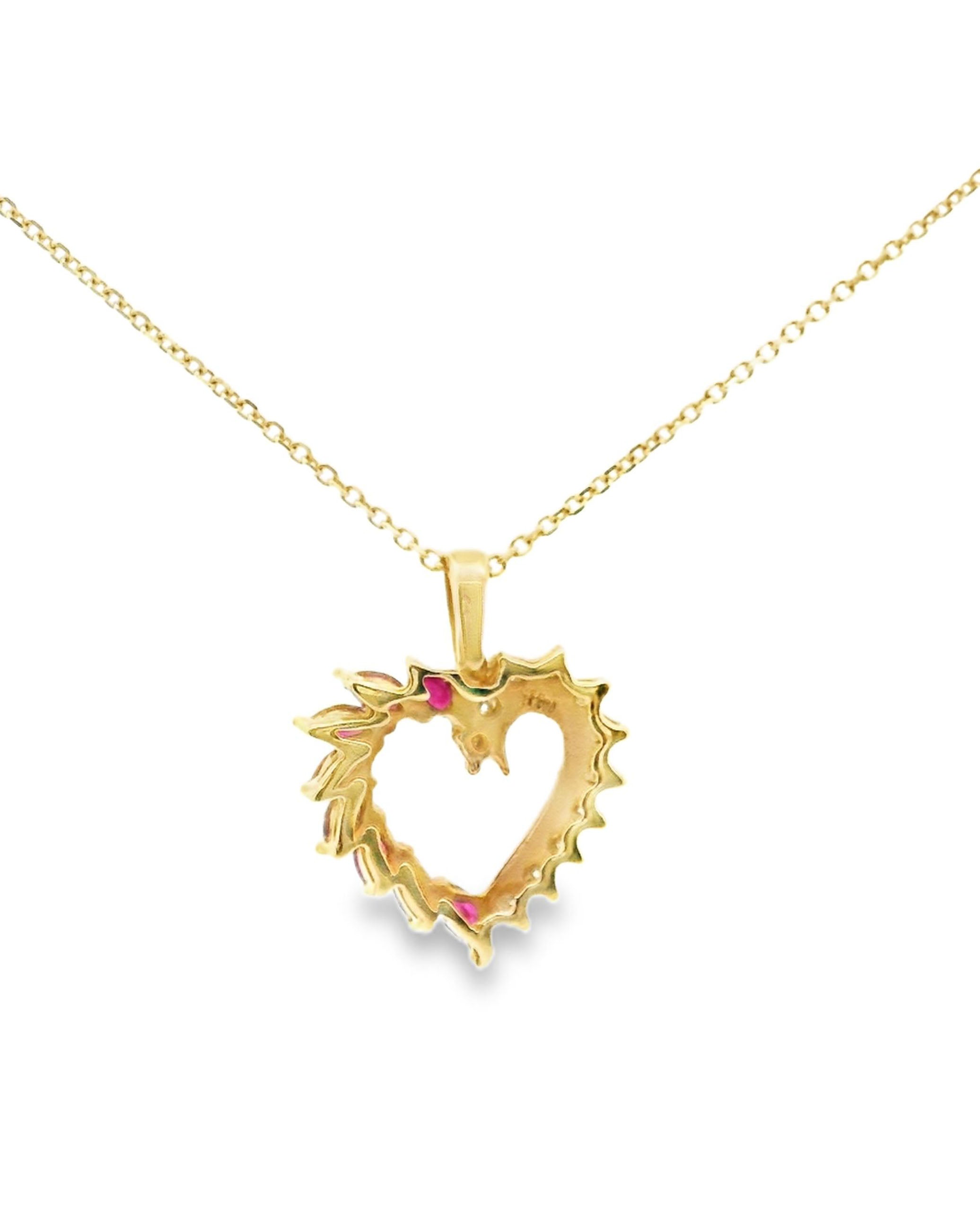 14K Yellow Gold Ruby & Diamond Heart Pendant Necklace