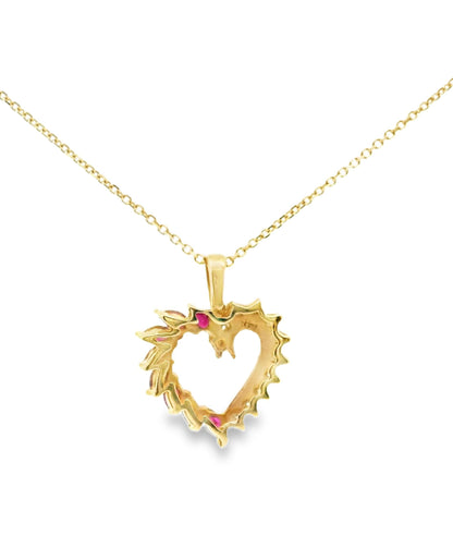 14K Yellow Gold Ruby & Diamond Heart Pendant Necklace