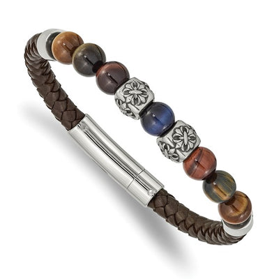 Brown Leather and Stainless Steel Bracelet with Multicolor Tiger's Eye Round Bead Stones, Separated by Two Antiqued Stainless Steel Elements and Two High Polished Stainless Steel Elements. 8.5 inches