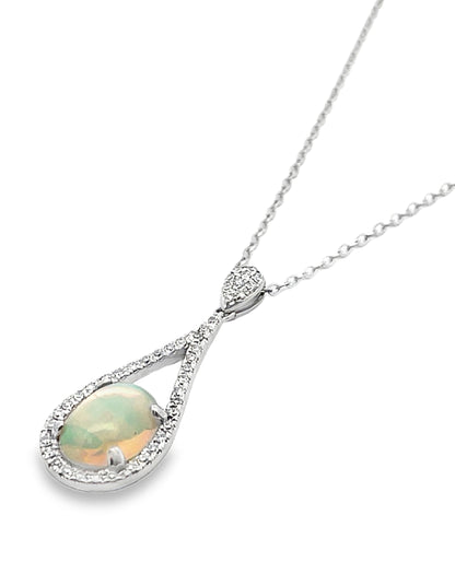 14K White Gold Opal Pendant Necklace - Adjustable