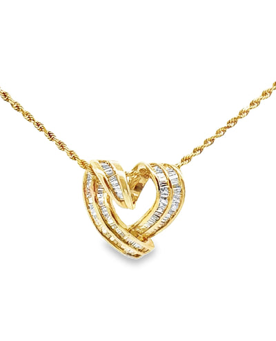 14K Yellow Gold Heart Pendant Necklace with Baguette Diamonds