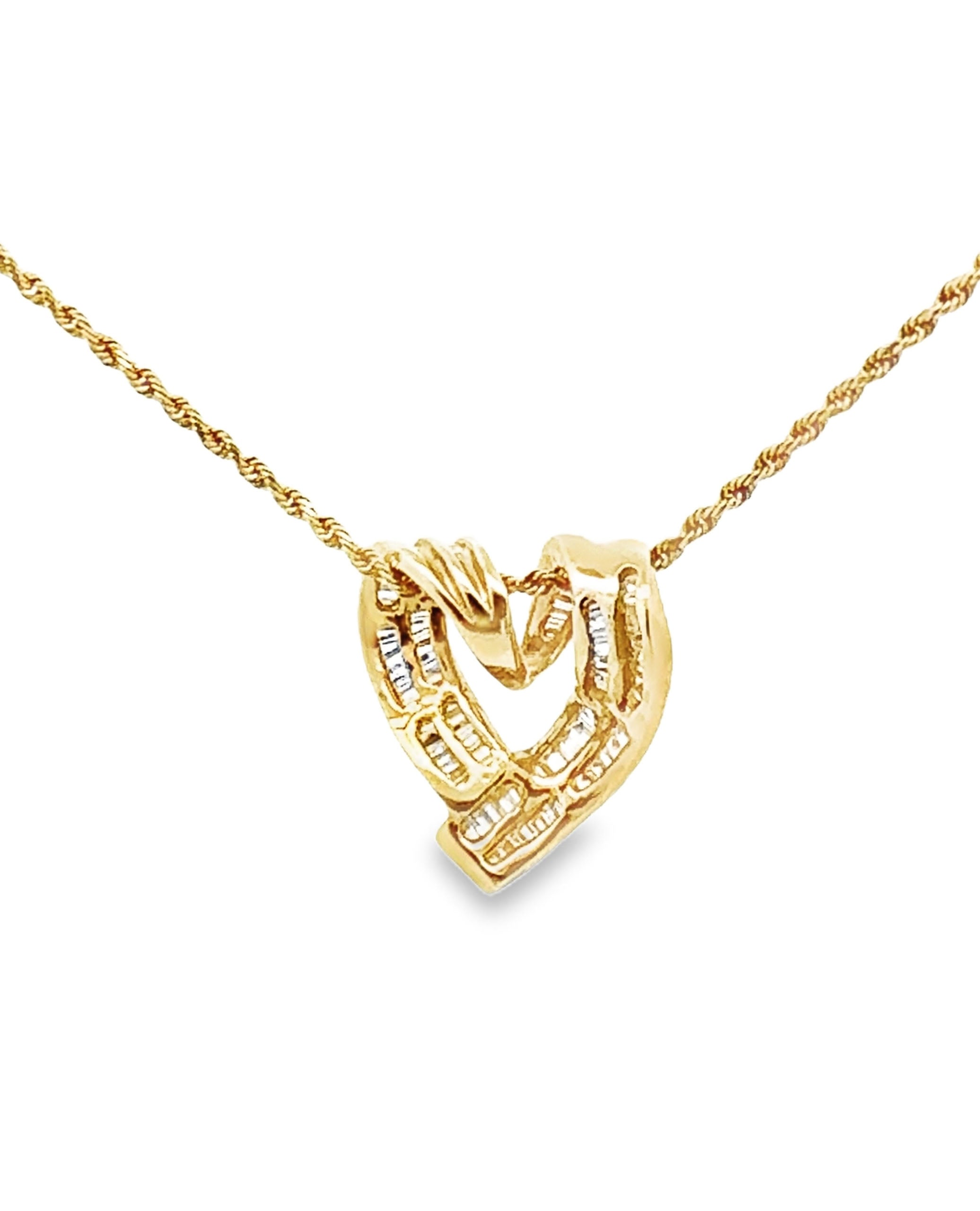 14K Yellow Gold Heart Pendant Necklace with Baguette Diamonds