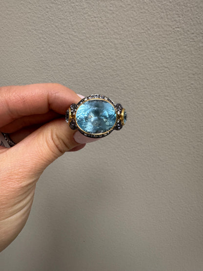 Large 18k Rose Gold Oval Blue Topaz Three Stone Ring with Sapphires & Diamonds